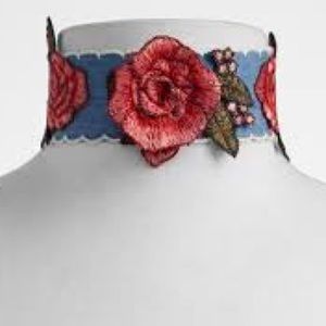 Floral embroidered denim chocker